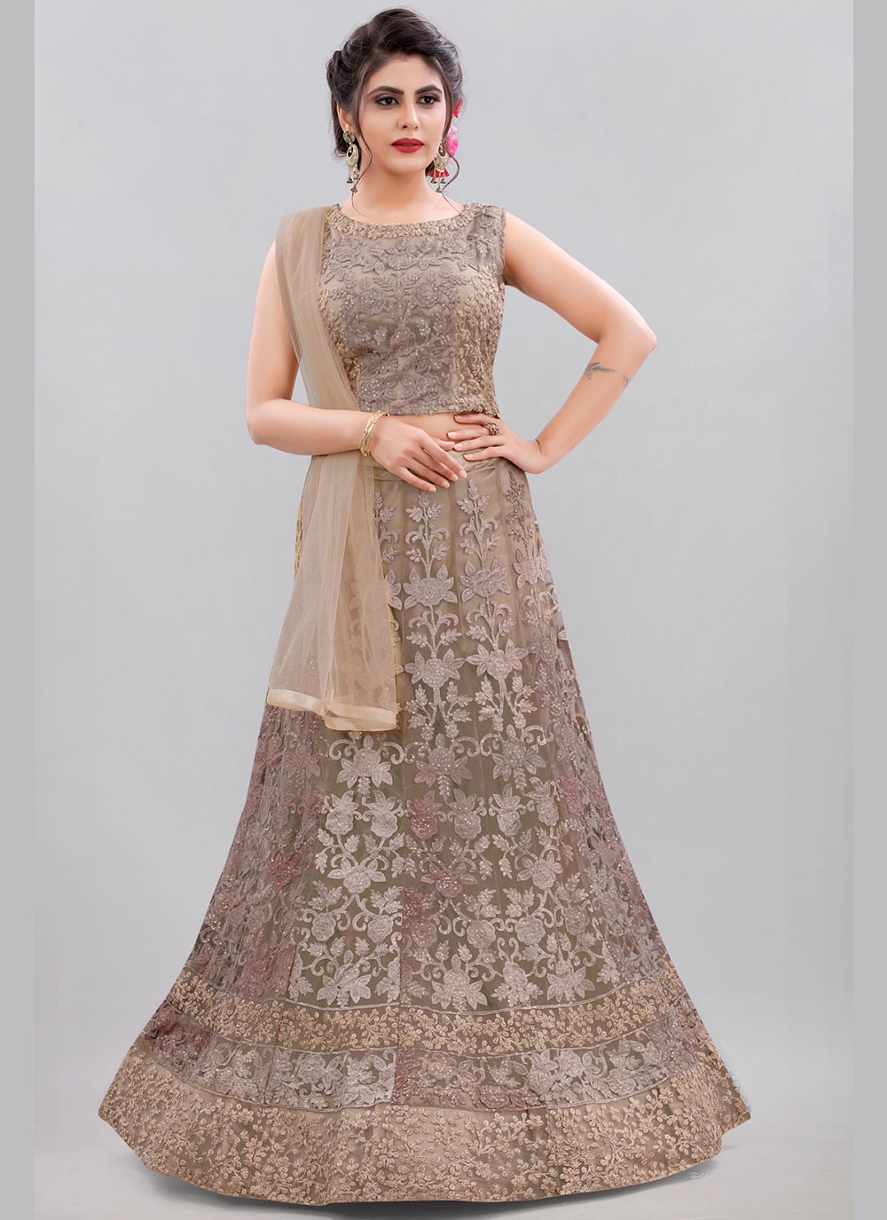 Net Beige Embroidered Lehenga Choli