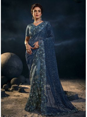 Net Blue Sequins Designer Saree