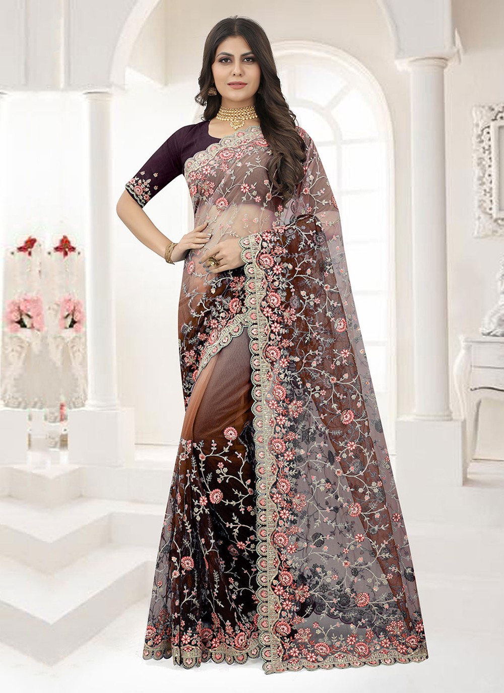 Net Classic Saree in Multi Colour