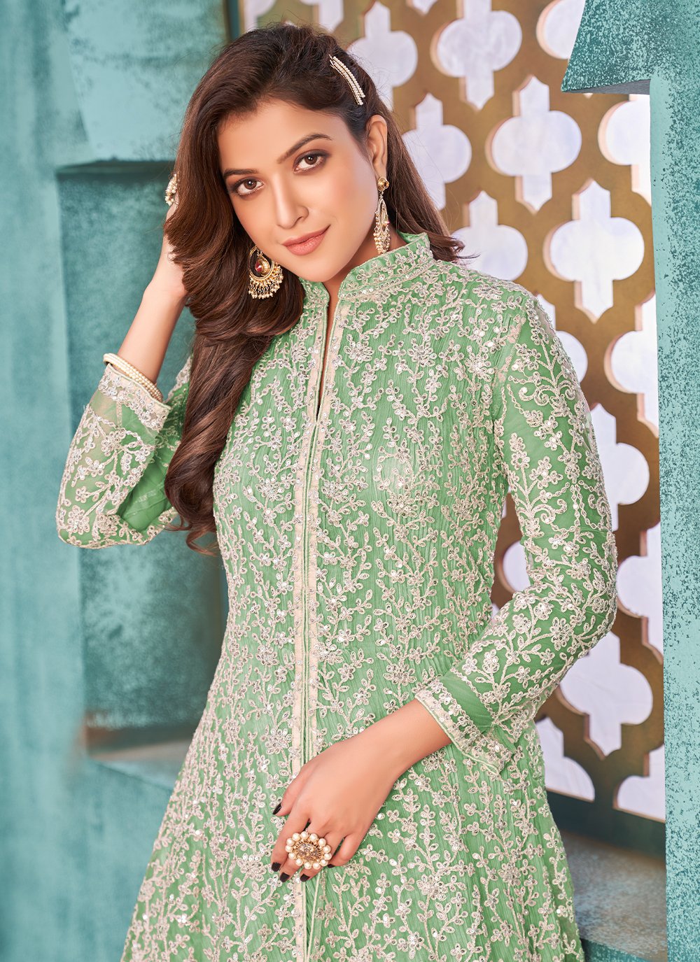 Attractive V-Neck Suit Designs for Women in Fashion | Libas