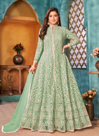 Net Cord Green Designer Floor Length Salwar Suit