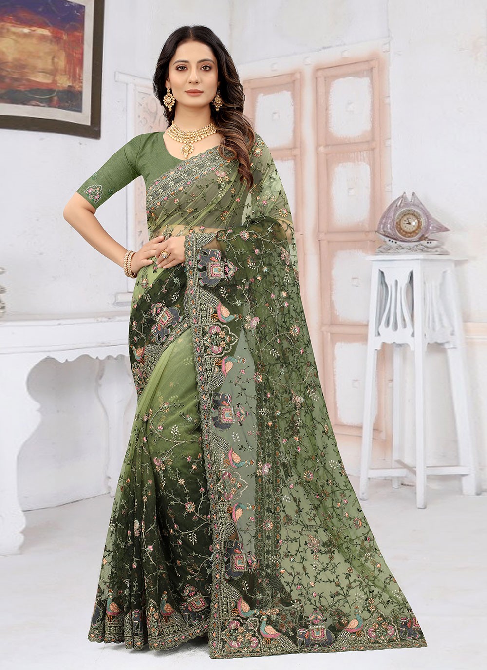 Net Designer Traditional Saree in Green