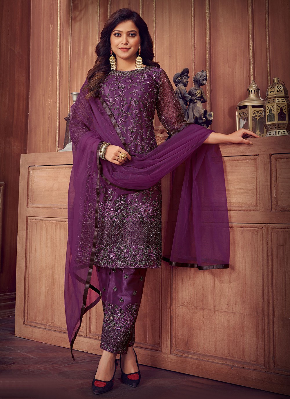 Net Dori Work Designer Salwar Suit in Purple