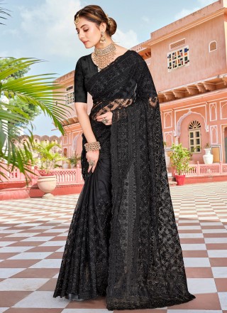 Net Embroidered Black Trendy Saree
