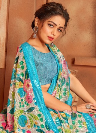 Net Embroidered Classic Saree in Aqua Blue