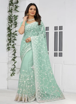 Net Embroidered Classic Saree in Green