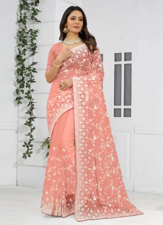 Net Embroidered Designer Saree in Peach