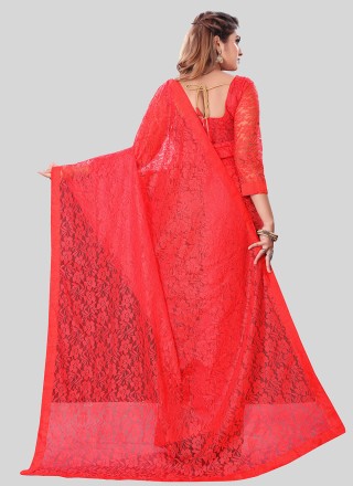 Net Embroidered Designer Saree in Red
