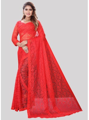 Net Embroidered Designer Saree in Red