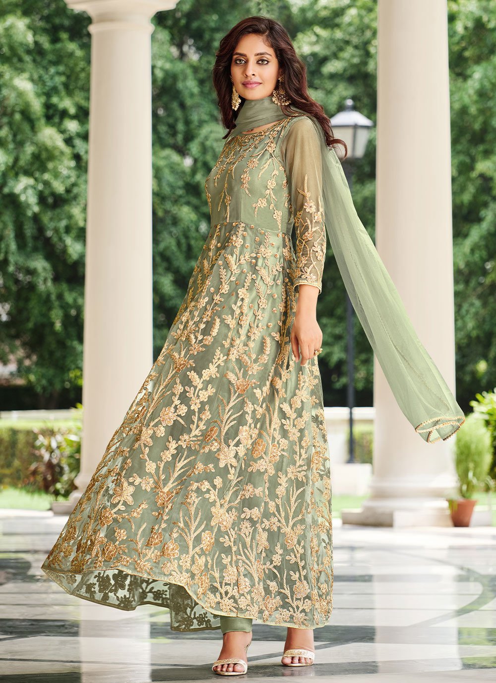 Net Embroidered Green Trendy Salwar Suit
