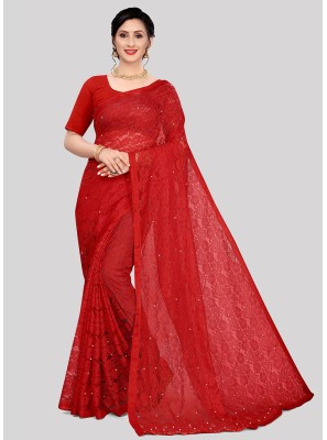 Net Embroidered Red Trendy Saree