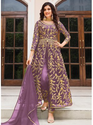 Net Embroidered Trendy Salwar Kameez in Lavender