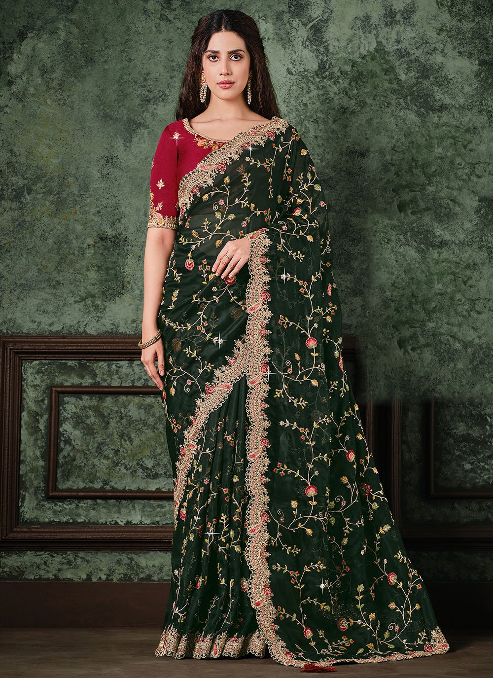 Shop Online Net Green Designer Bridal Sarees : 219620 -