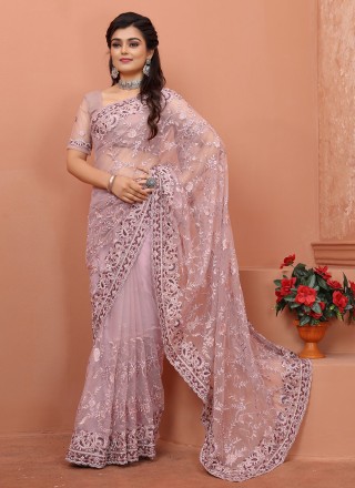 Net Lavender Embroidered Contemporary Style Saree