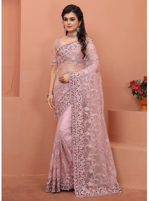 Net Lavender Embroidered Contemporary Style Saree