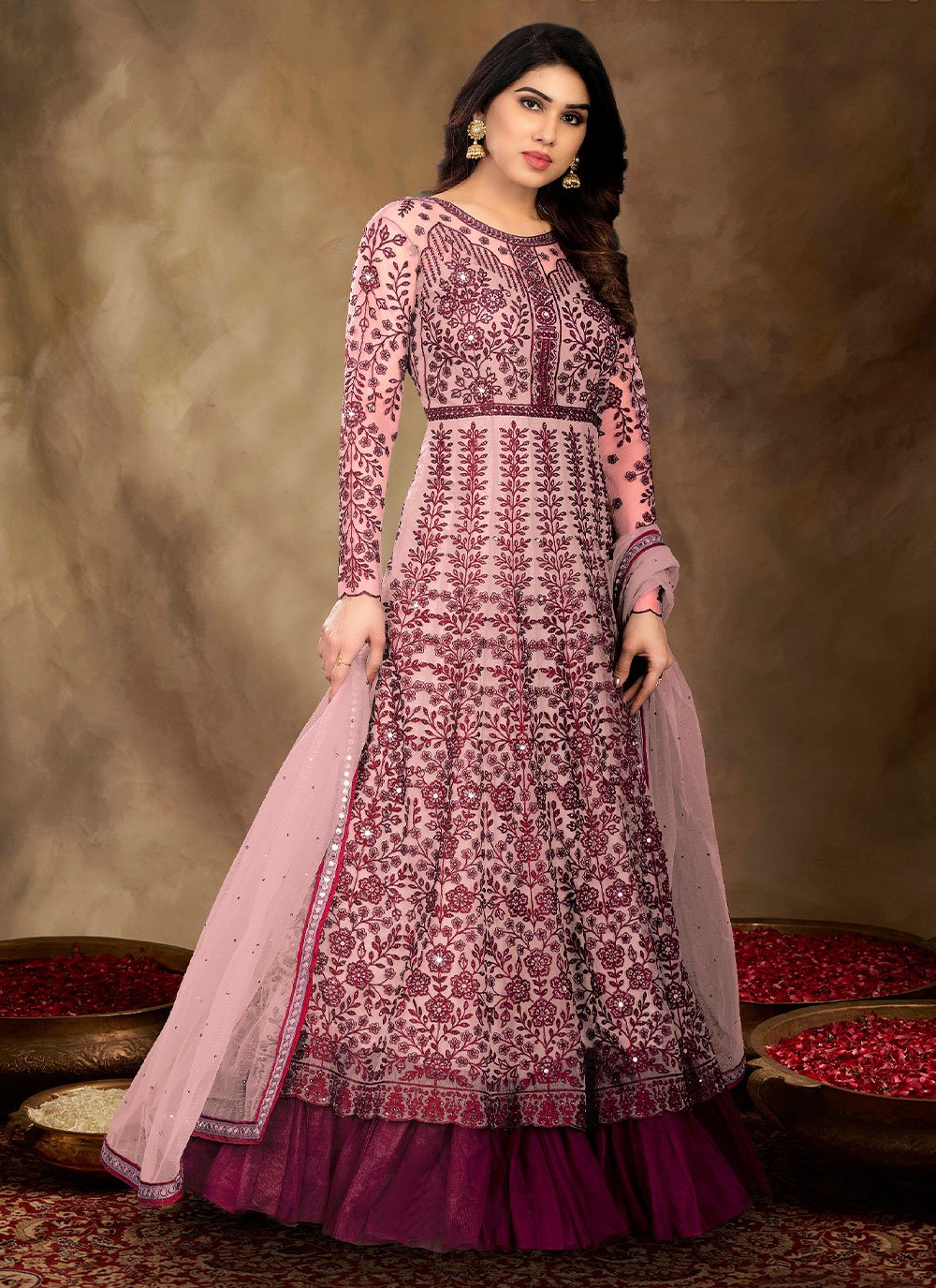 Net Pink Designer Floor Length Salwar Suit