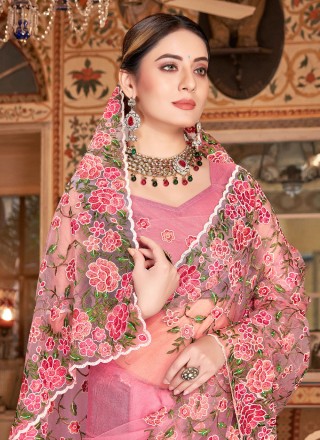 Net Pink Embroidered Contemporary Saree