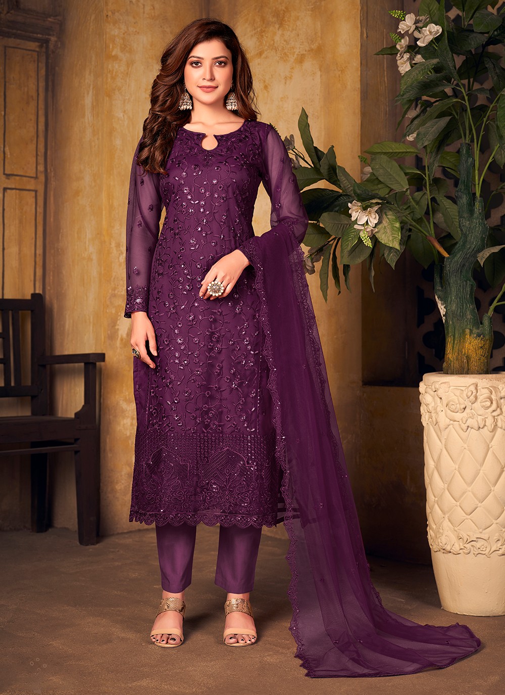 Net Purple Designer Straight Salwar Suit