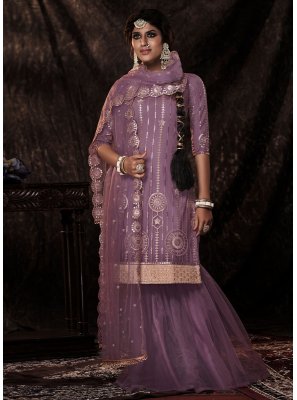 Net Purple Sequins Designer Palazzo Salwar Suit