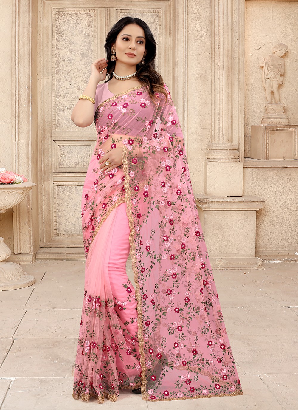 Shop Online Net Red Designer Contemporary Style Saree : 222341