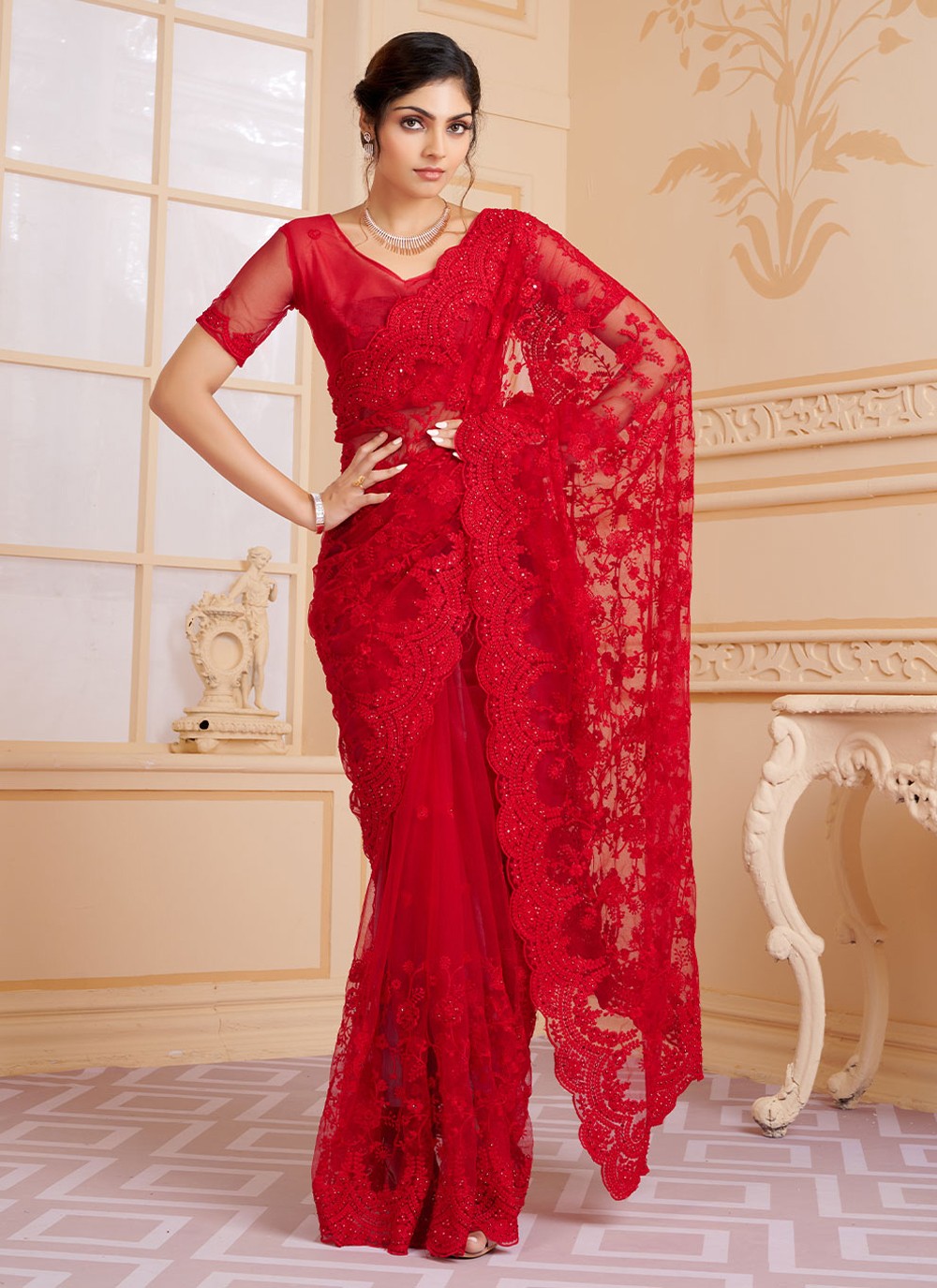 Net Red Embroidered Contemporary Saree