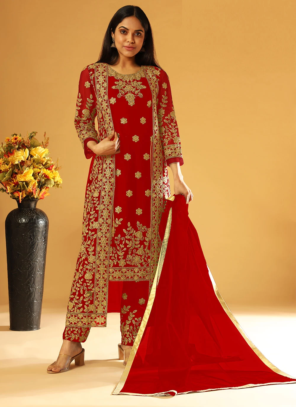 Red Colour Embroidered Pant Style Suit