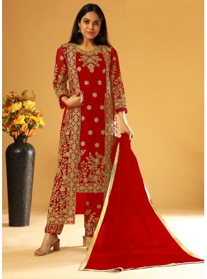 Red Colour Embroidered Pant Style Suit