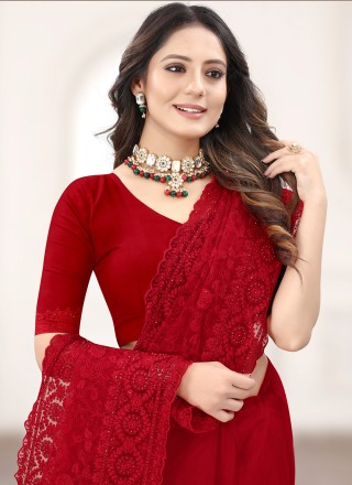 Embroidered Trendy Saree In Red