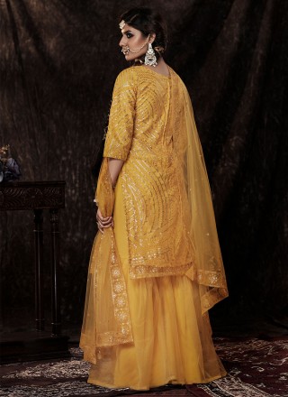 Net Sequins Designer Palazzo Salwar Suit in Mustard
