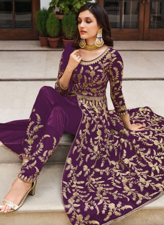 Net Sequins Long Length Salwar Suit in Purple