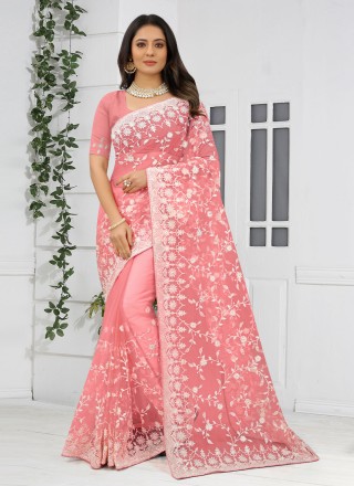 Net Stone Contemporary Saree in Peach