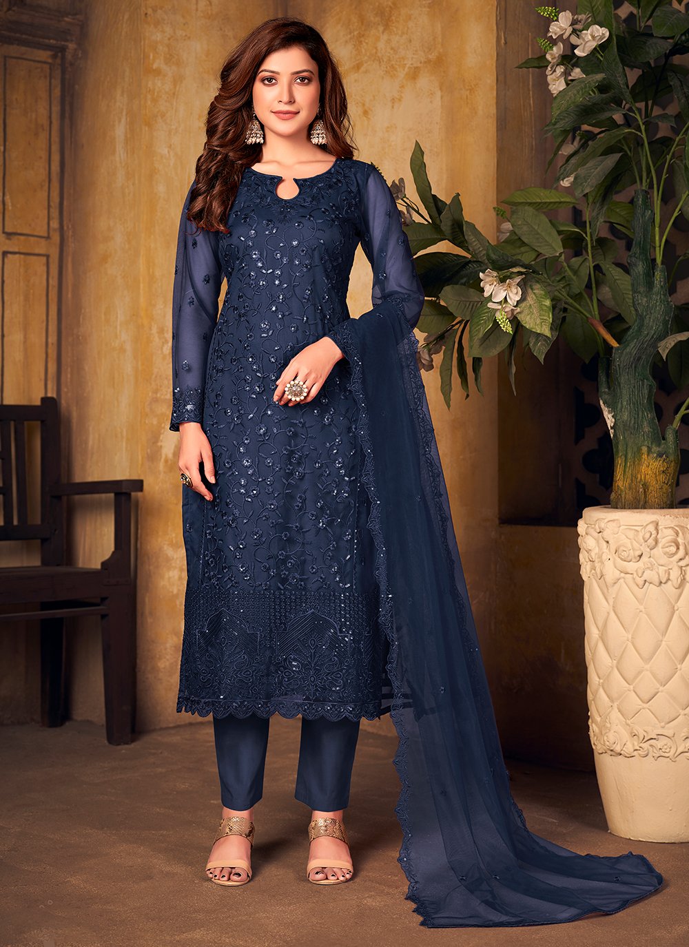 Net Thread Blue Designer Straight Salwar Suit