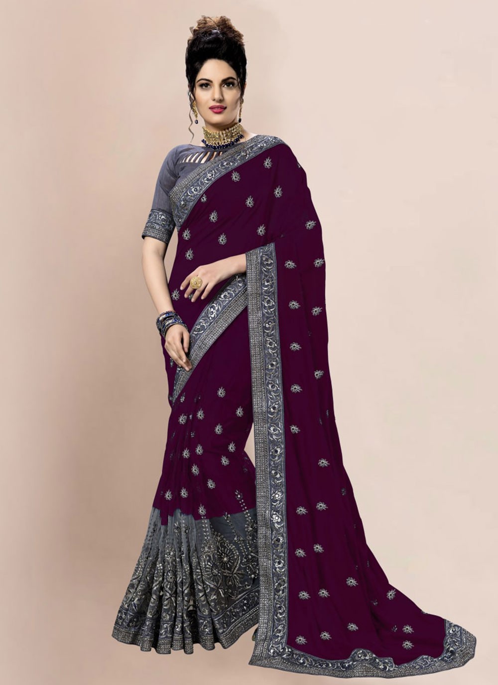 Net Traditional Saree in Wine