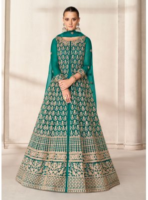 Net Turquoise Embroidered Designer Floor Length Suit
