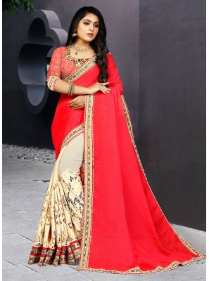 Off White and Red Faux Chiffon Embroidered Designer Half N Half Saree