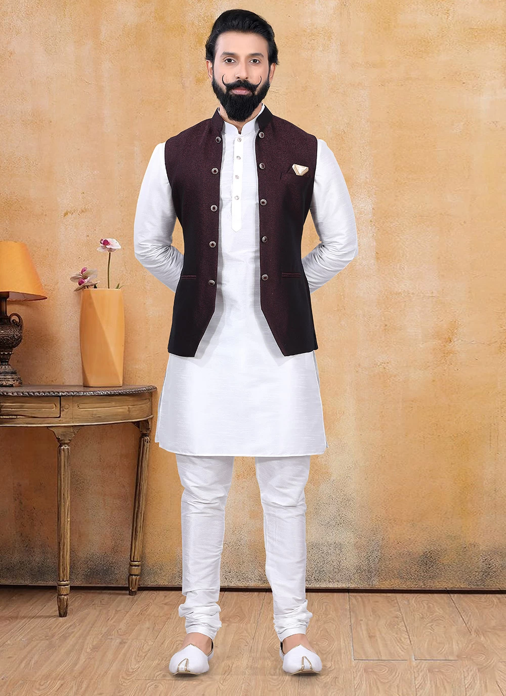 Buy Off White and Wine Fancy Kurta Payjama With Jacket 229574