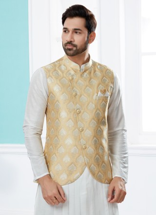 Off White and Yellow Jacquard Work Indo Western