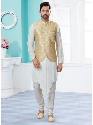 Off White and Yellow Jacquard Work Indo Western