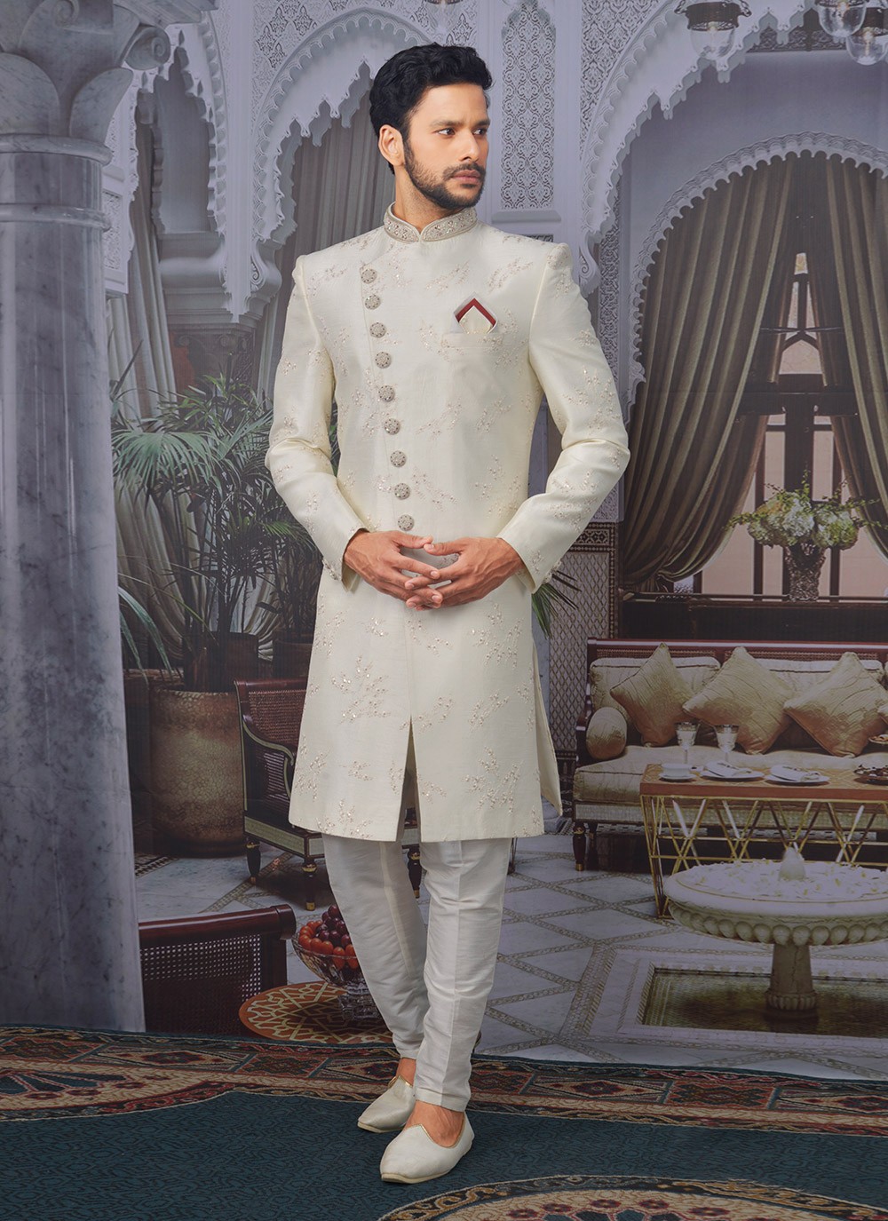 Buy Online Off White Color Sherwani : 227112