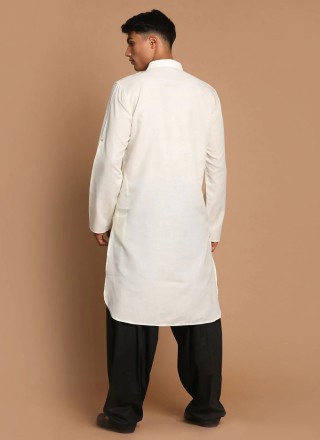 Off White Cotton Plain Kurta Pyjama