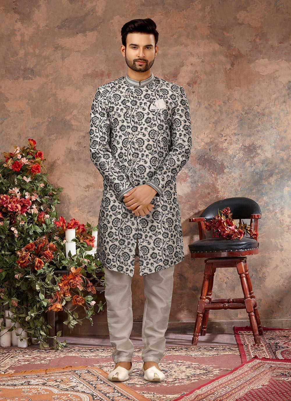 Buy Off White Digital Print Jacquard Indo Western Sherwani