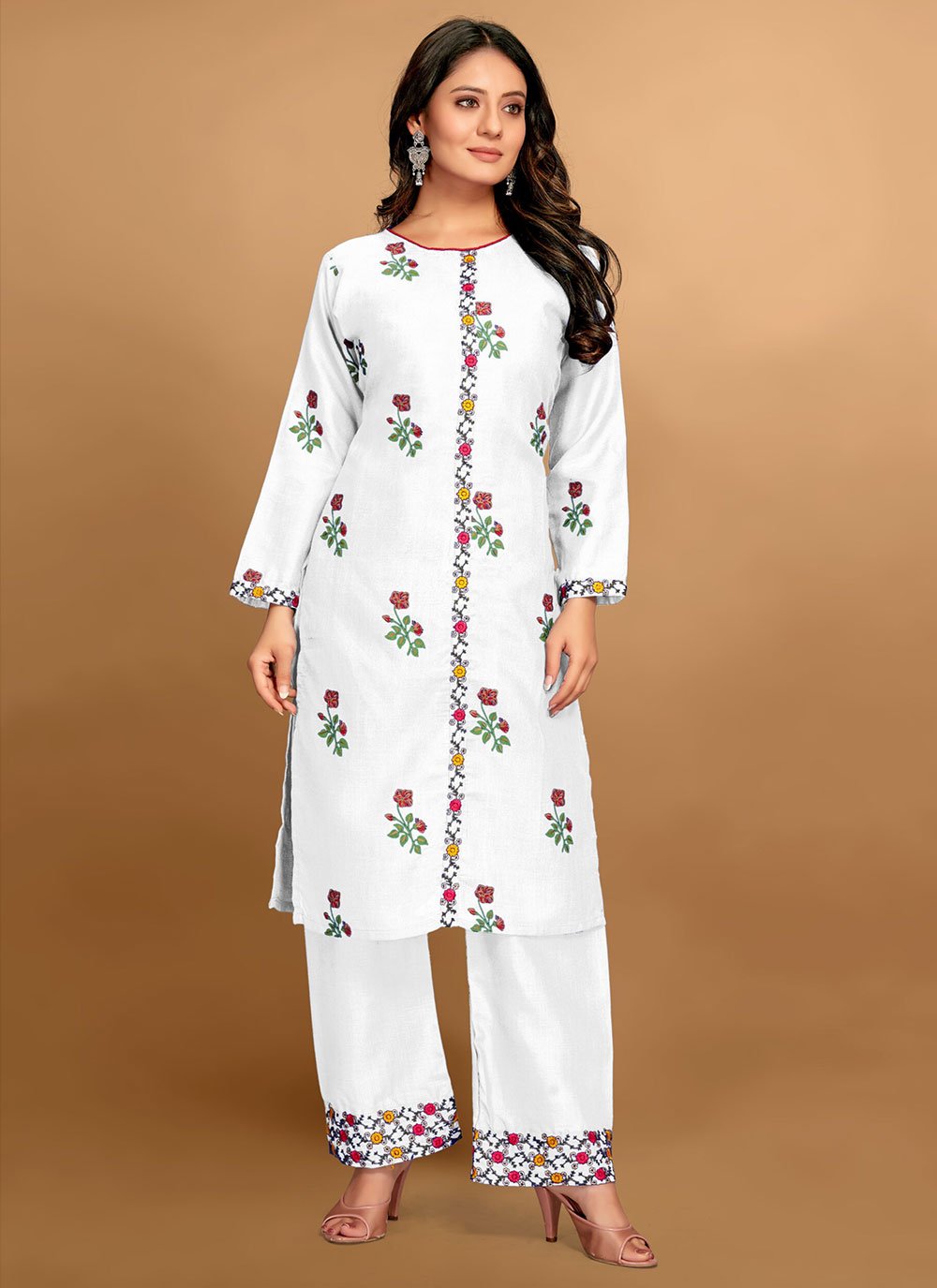 Off White Embroidered Casual Kurti