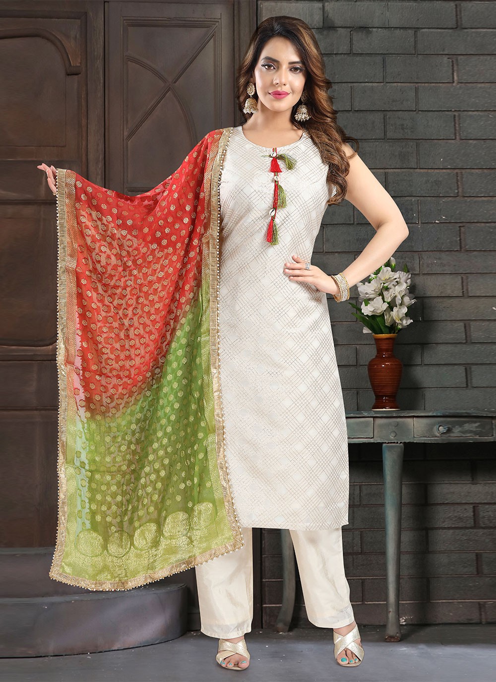 Off White Embroidered Ceremonial Readymade Salwar Suit