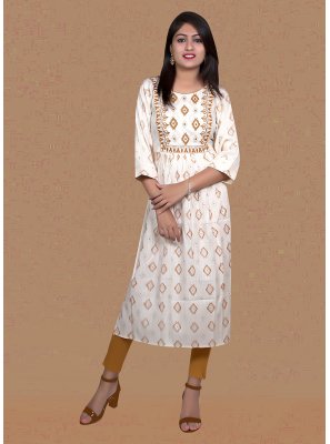 Off White Embroidered Fancy Fabric Party Wear Kurti
