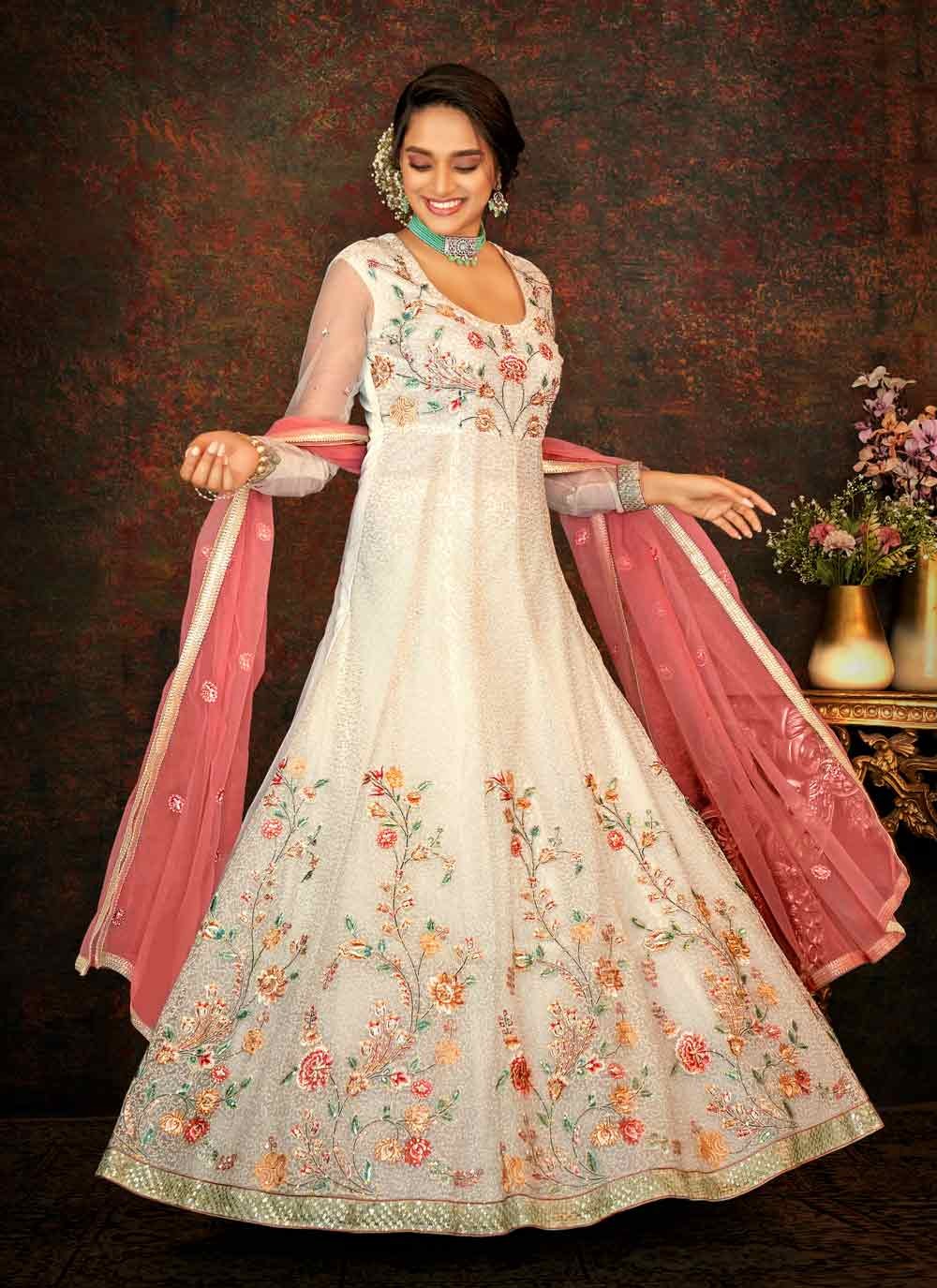 Off White Embroidered Floor Length Designer Suit