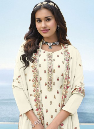 Off White Embroidered Georgette Trendy Salwar Suit
