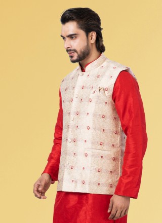 Off White Embroidered Jacquard Silk Nehru Jackets