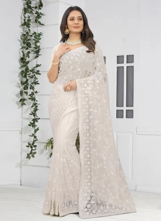 Off White Embroidered Net Contemporary Saree