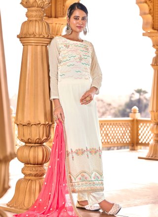 Off White Faux Chiffon Embroidered Designer Straight Salwar Suit