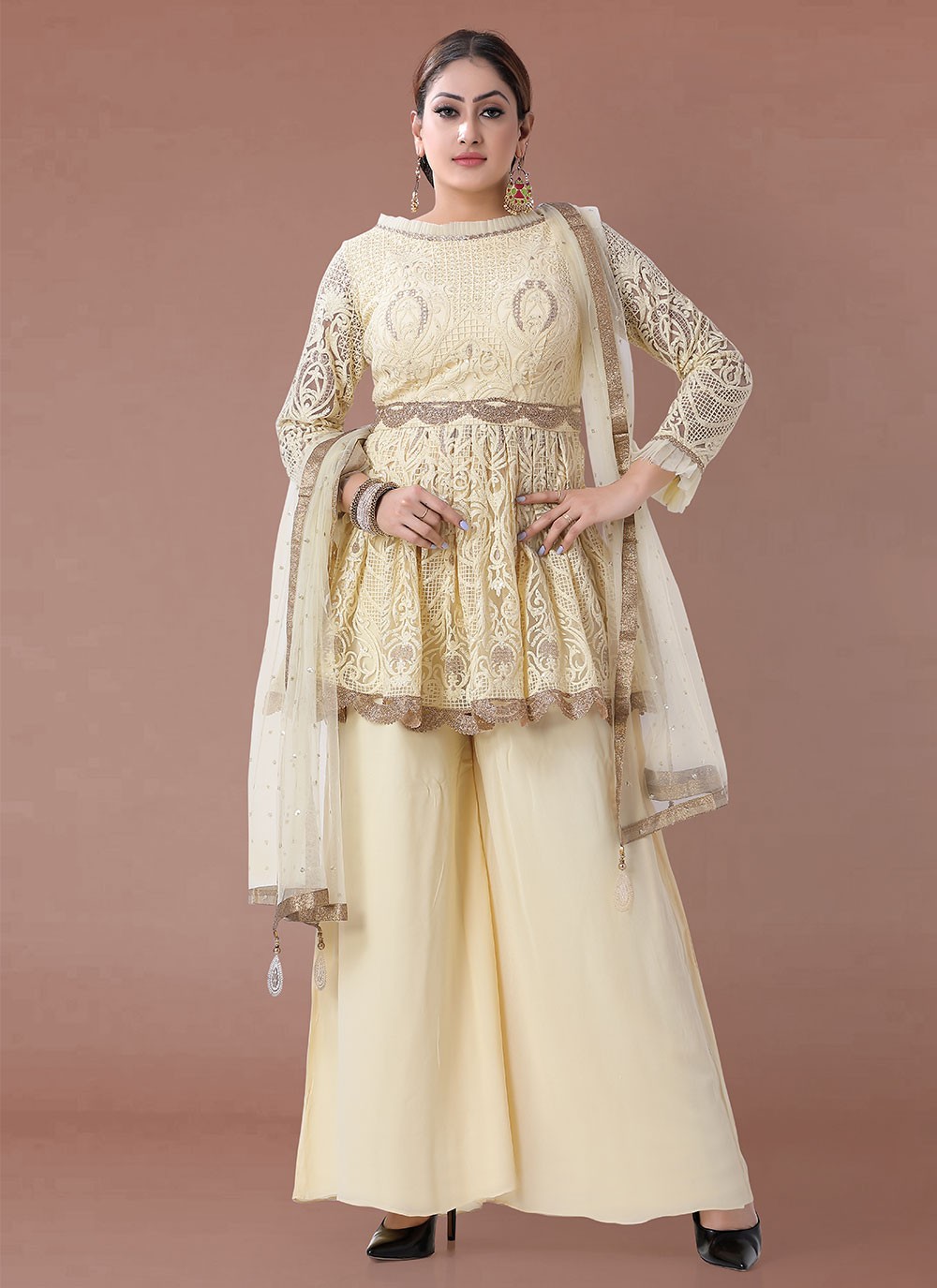 Off White Faux Crepe Readymade Salwar Suit